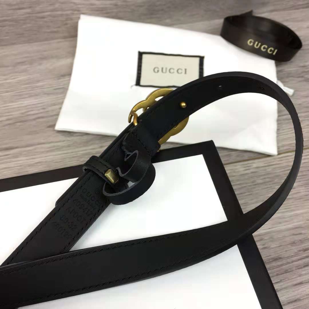 Gucci Leather Black Belt With Double G Golden Buckle (2CM) - FashionPlug