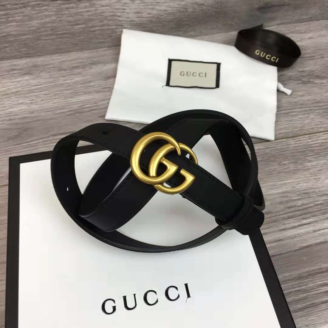 Gucci Leather Black Belt With Double G Golden Buckle (2CM) - FashionPlug