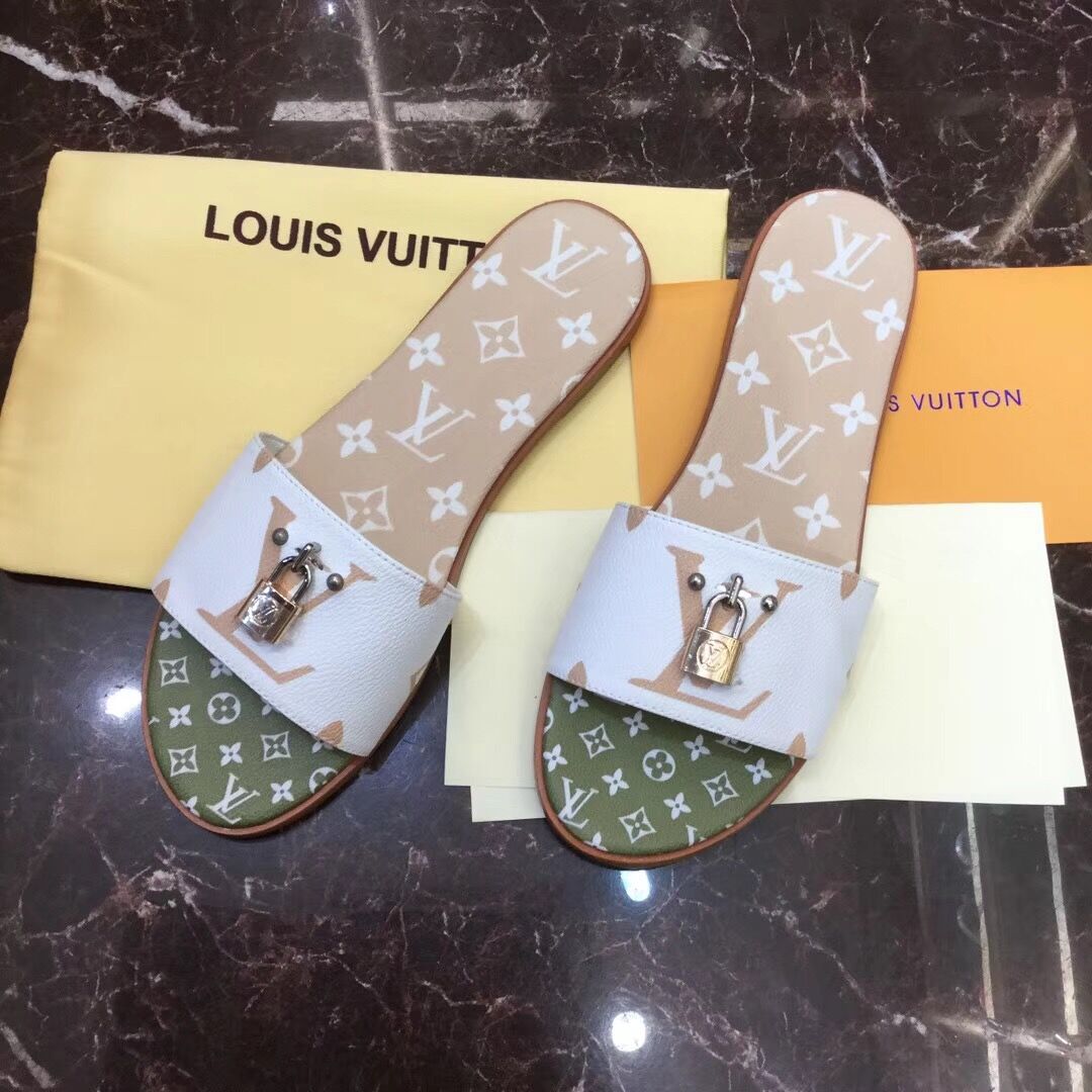 Louis Vuitton Lock It Flat Mule In White/ Moka Brown - FashionPlug