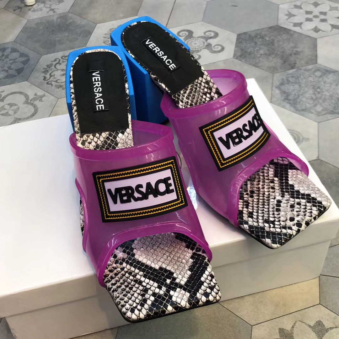 Versace 90S Vintage Logo Mid Heel Sandals (Purple) - FashionPlug