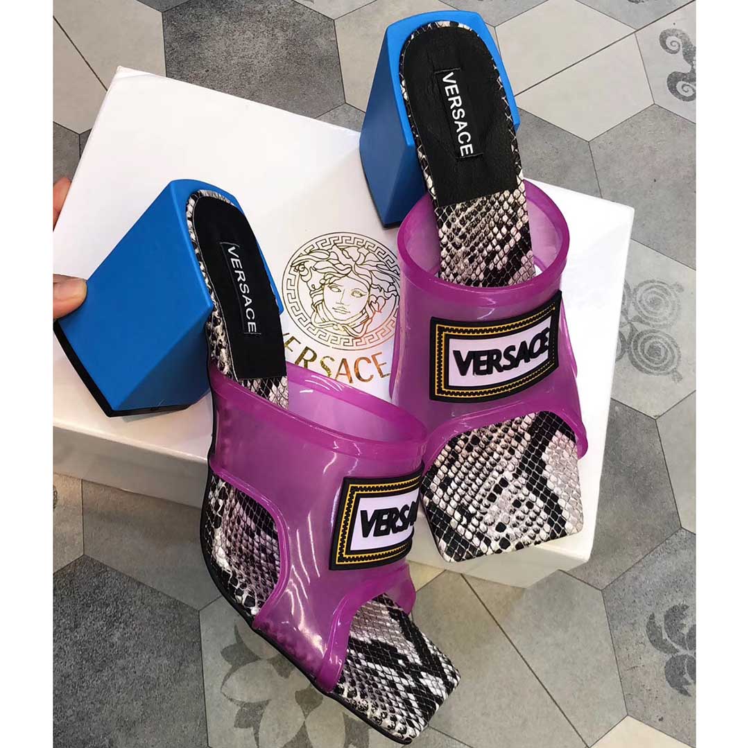 Versace 90S Vintage Logo Mid Heel Sandals (Purple) - FashionPlug