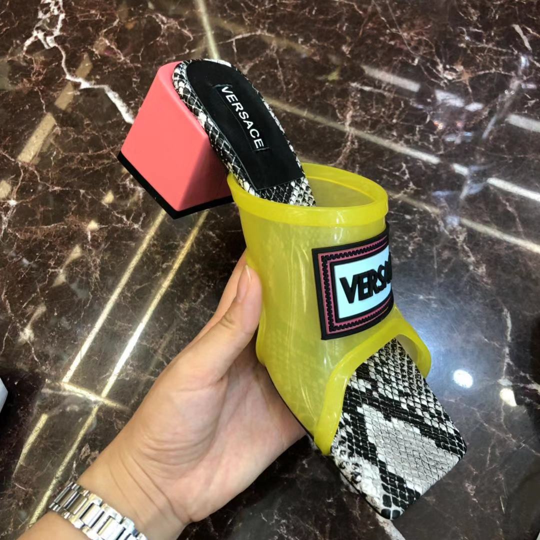 Versace 90S Vintage Logo Mid Heel Sandals (Yellow) - FashionPlug