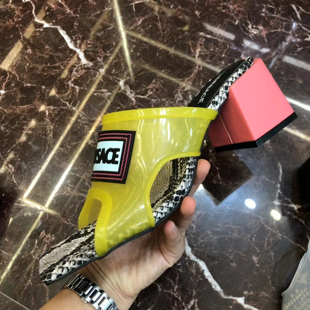 Versace 90S Vintage Logo Mid Heel Sandals (Yellow) - FashionPlug