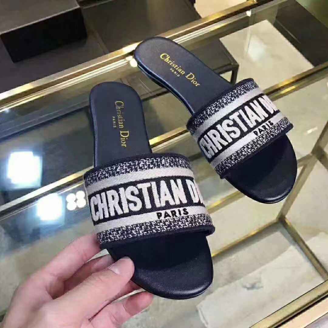 Dior Dway Mule In Embroidered Cotton Dark Blue - FashionPlug