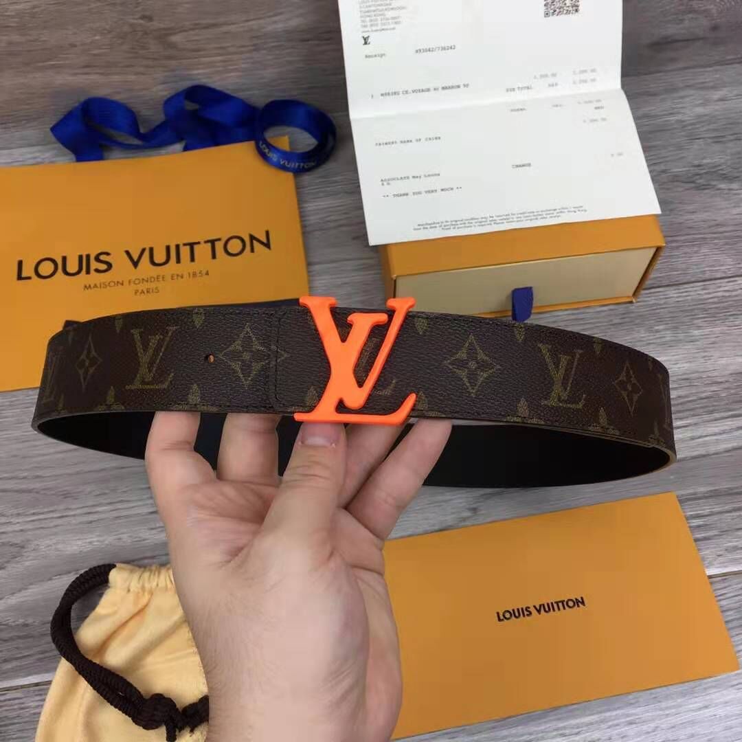 Louis Vuitton Shape Monogram Belt With Orange Buckle - FashionPlug