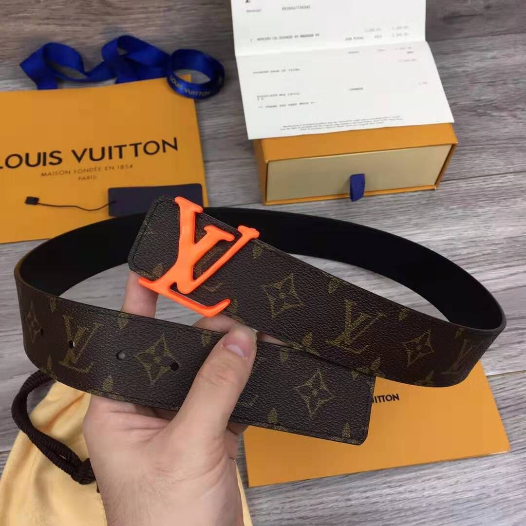 Louis Vuitton Shape Monogram Belt With Orange Buckle - FashionPlug