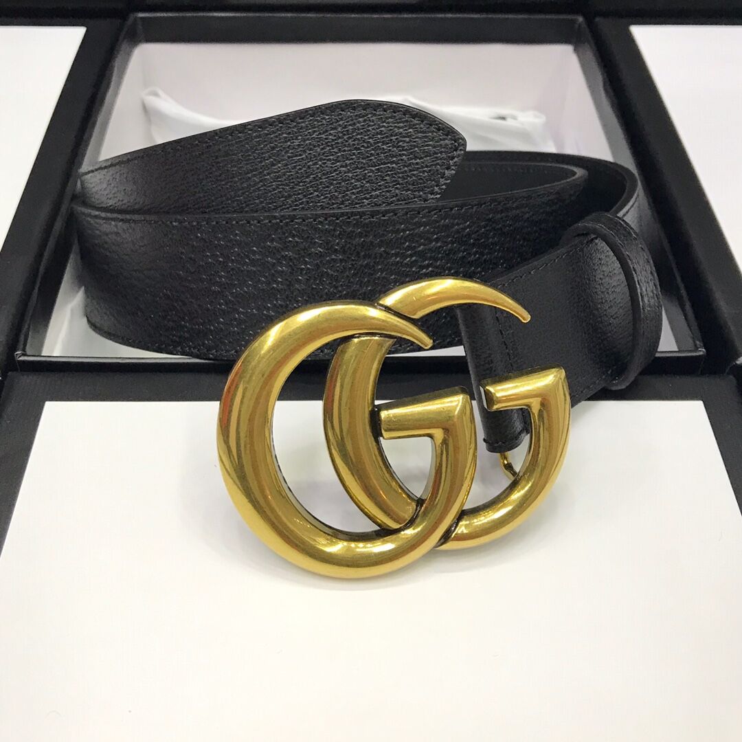 Gucci Leather Black Belt With Double G Golden Buckle  - FashionPlug