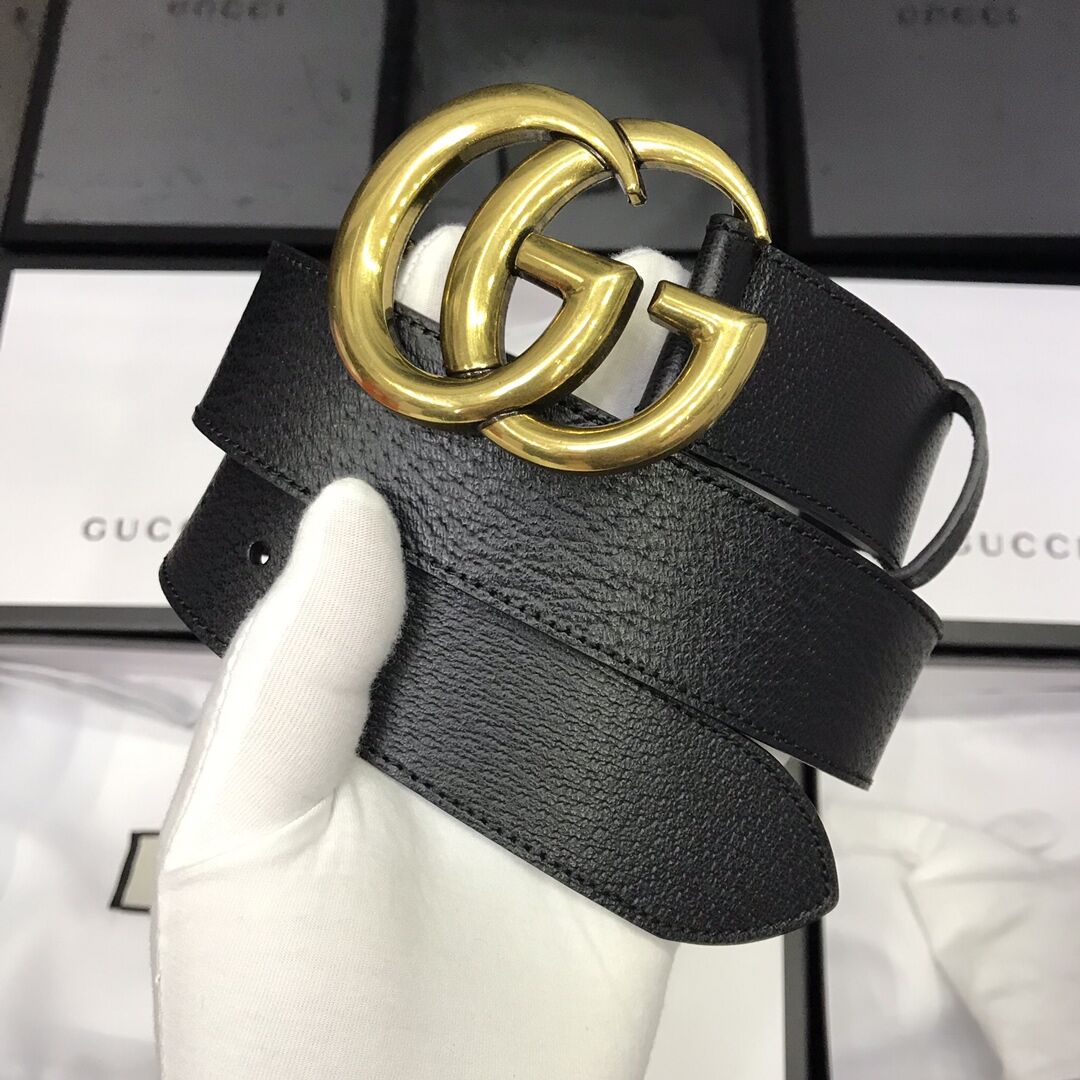 Gucci Leather Black Belt With Double G Golden Buckle  - FashionPlug