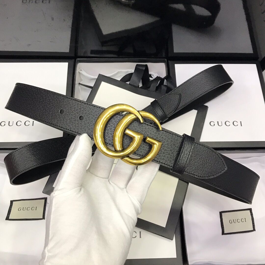 Gucci Leather Black Belt With Double G Golden Buckle  - FashionPlug