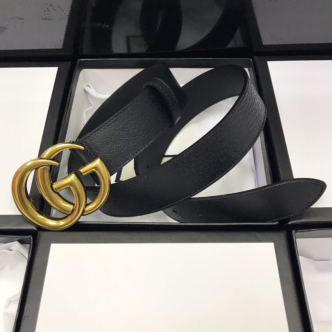 Gucci Leather Black Belt With Double G Golden Buckle  - FashionPlug