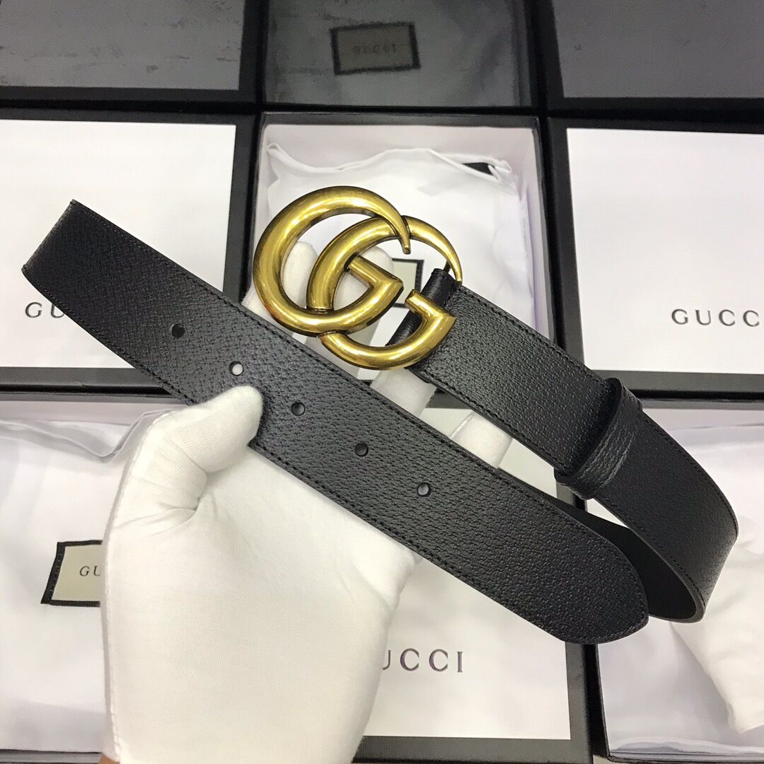 Gucci Leather Black Belt With Double G Golden Buckle  - FashionPlug