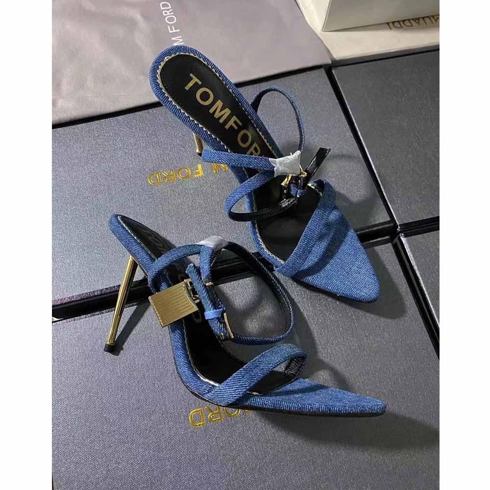 Tom Ford 10cm Denim Lock&Key Stiletto Sandals - FashionPlug