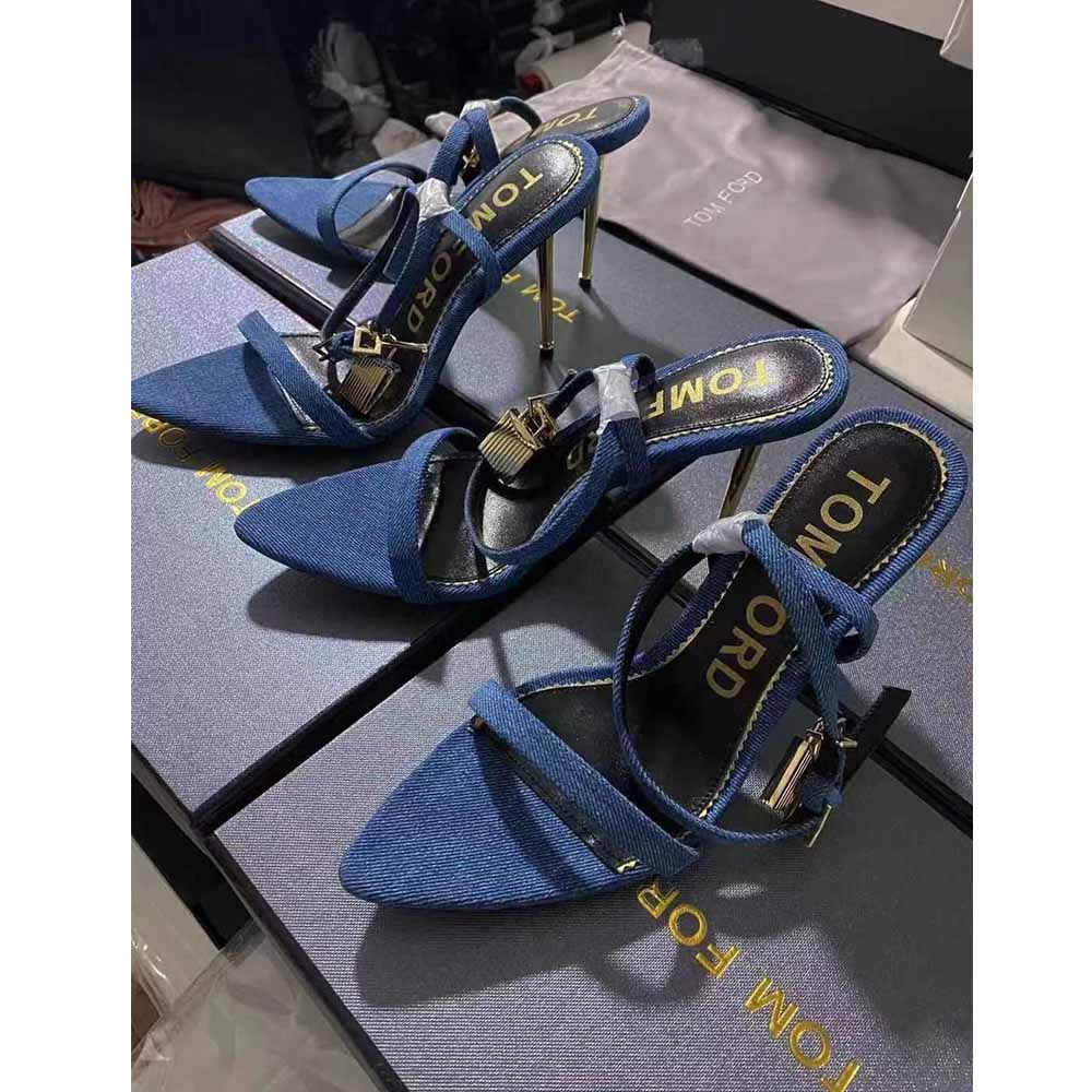 Tom Ford 10cm Denim Lock&Key Stiletto Sandals - FashionPlug
