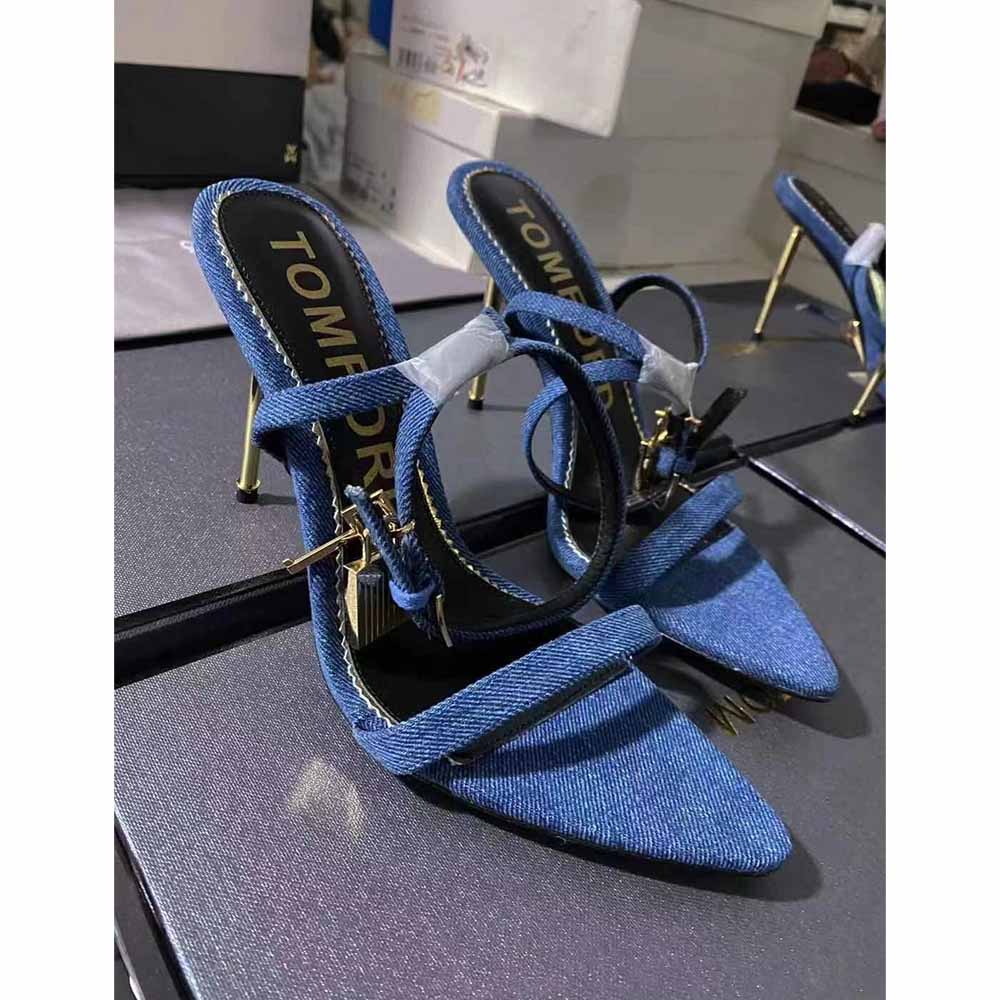 Tom Ford 10cm Denim Lock&Key Stiletto Sandals - FashionPlug