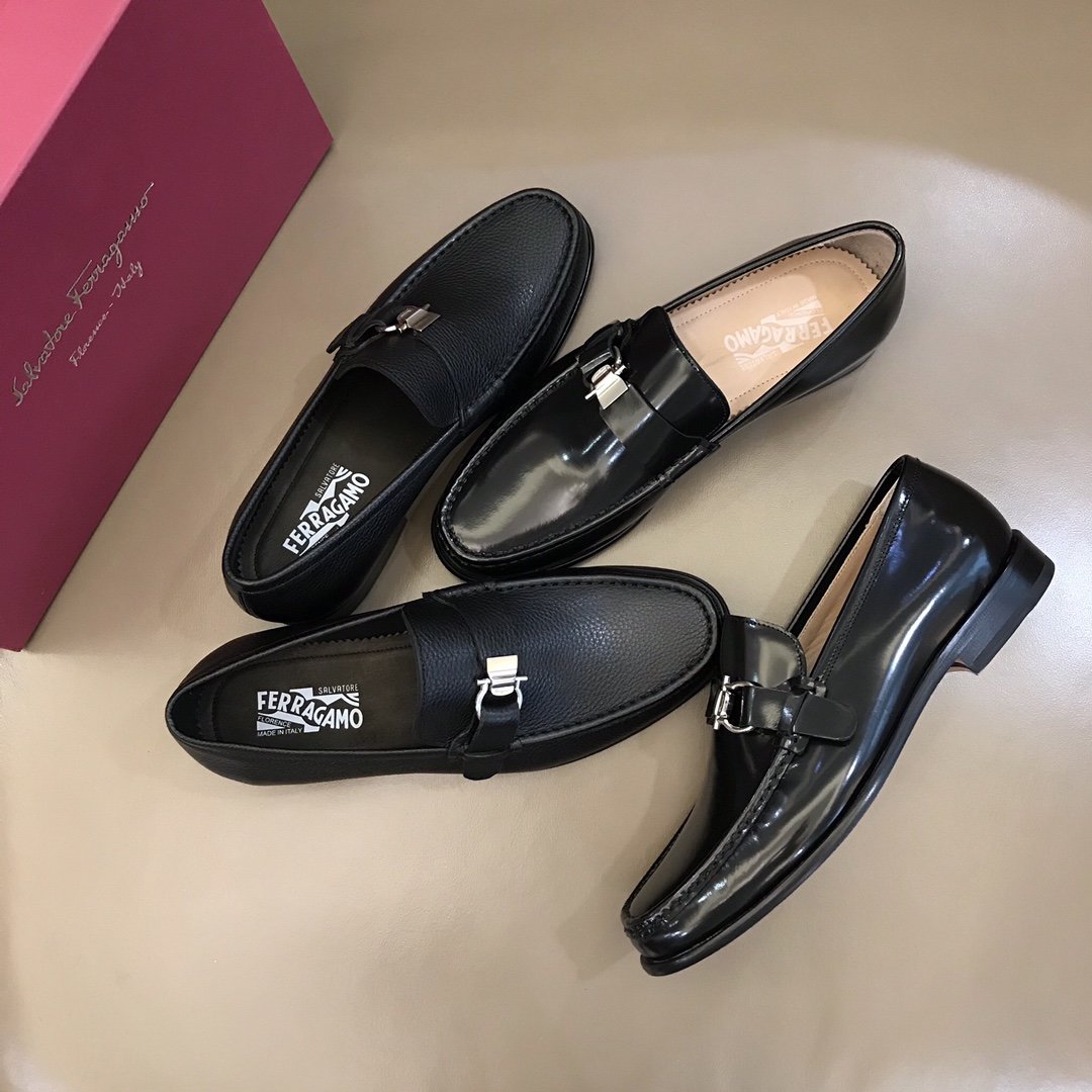 Ferragamo Black Leather Shinny shoes - FashionPlug