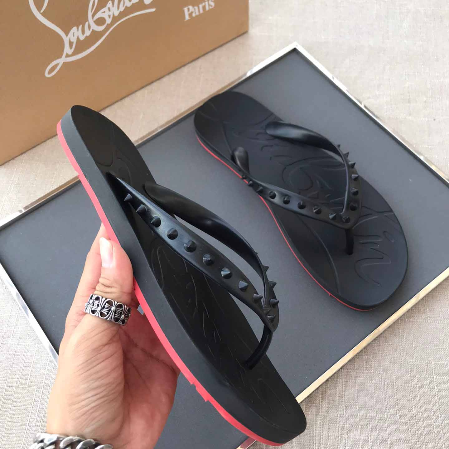 Christian Louboutin CL Loubi Flip Black PVC - FashionPlug