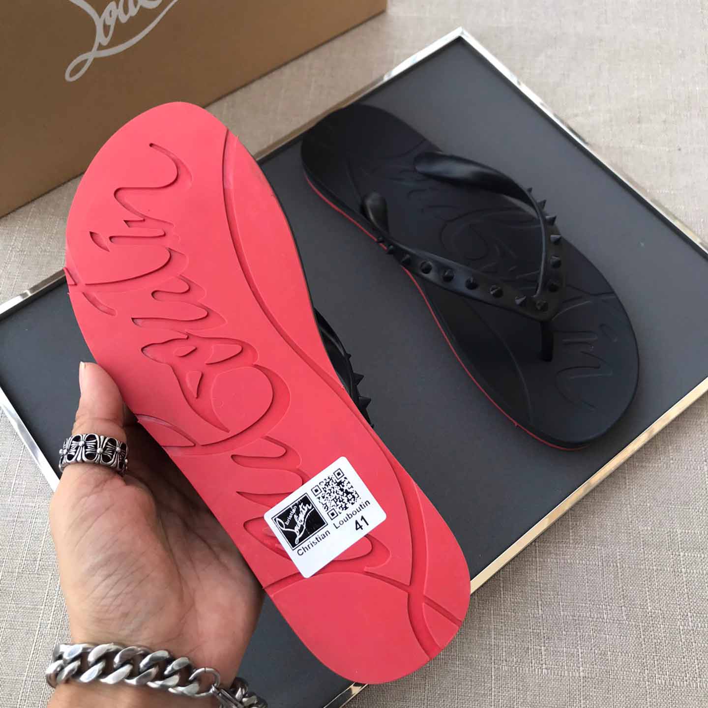 Christian Louboutin CL Loubi Flip Black PVC - FashionPlug