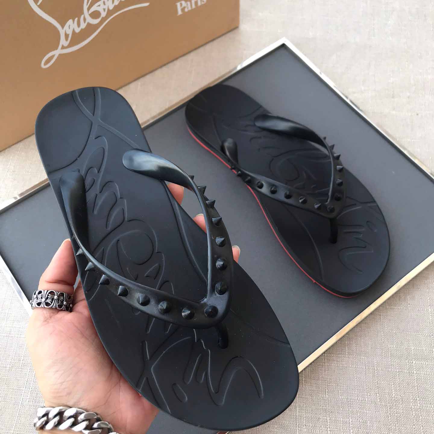 Christian Louboutin CL Loubi Flip Black PVC - FashionPlug