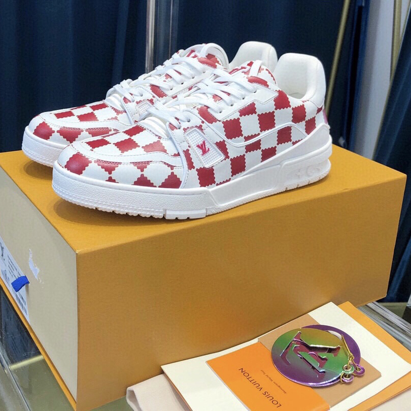 Louis Vuitton Trainer Sneaker Red White Damier - FashionPlug