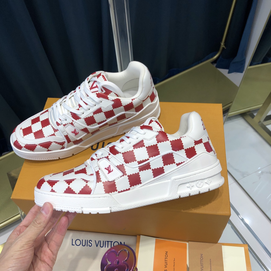 Louis Vuitton Trainer Sneaker Red White Damier - FashionPlug