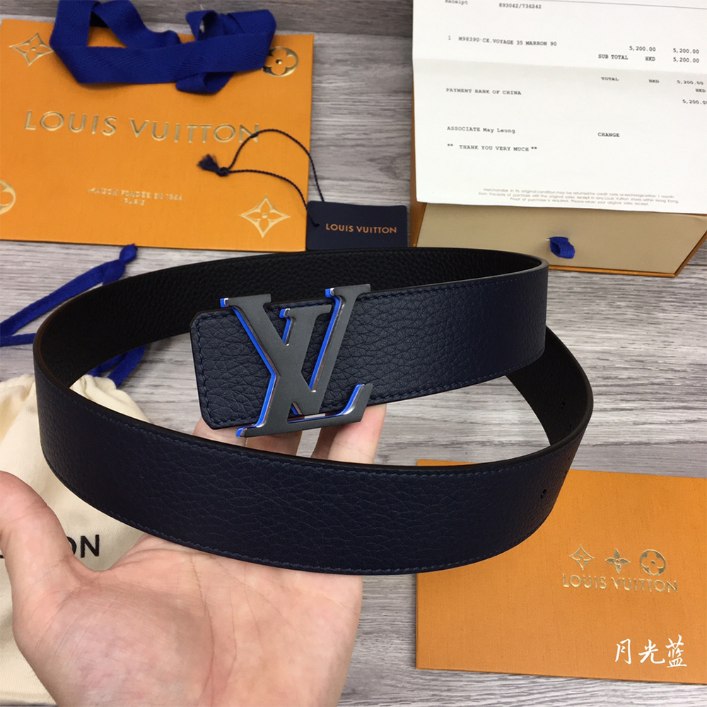 Louis Vuitton 40MM Belt In Black With Blue Buckle - FashionPlug