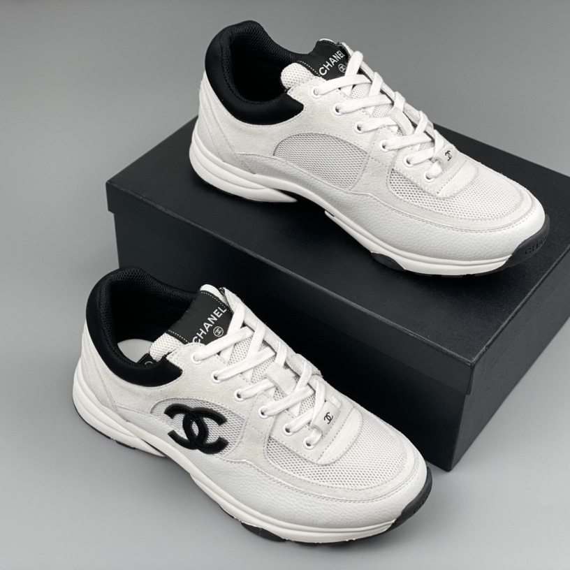 Chanel White Black 22c Leather Calfskin Suede Mesh Cc Logo Trainers Sneakers - FashionPlug