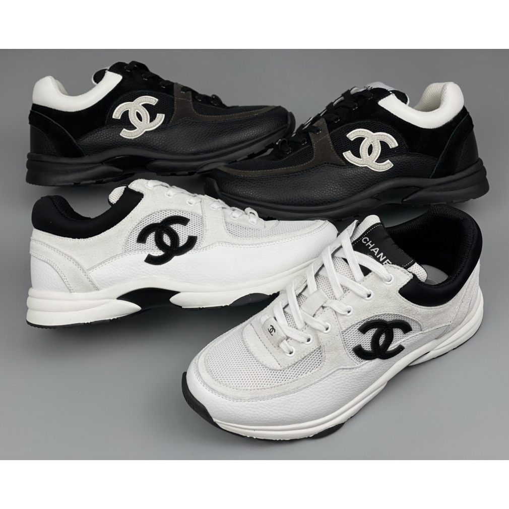 Chanel White Black 22c Leather Calfskin Suede Mesh Cc Logo Trainers Sneakers - FashionPlug