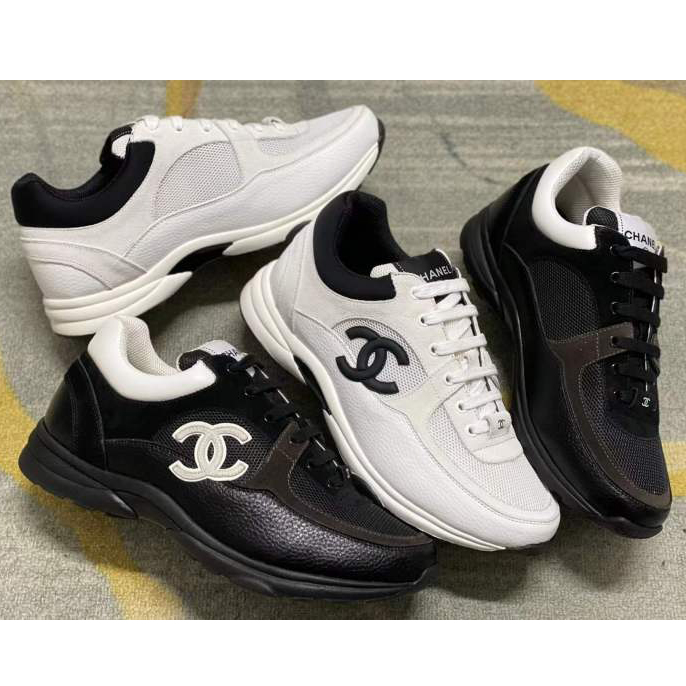 Chanel White Black 22c Leather Calfskin Suede Mesh Cc Logo Trainers Sneakers - FashionPlug