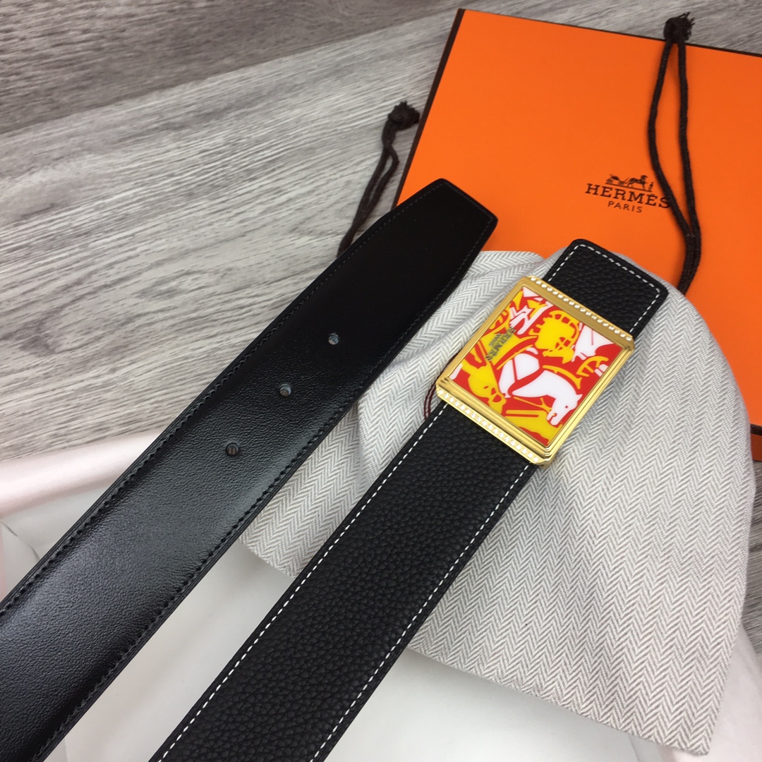 Hermes Black Leather Belt With   Enamel Buckle - FashionPlug