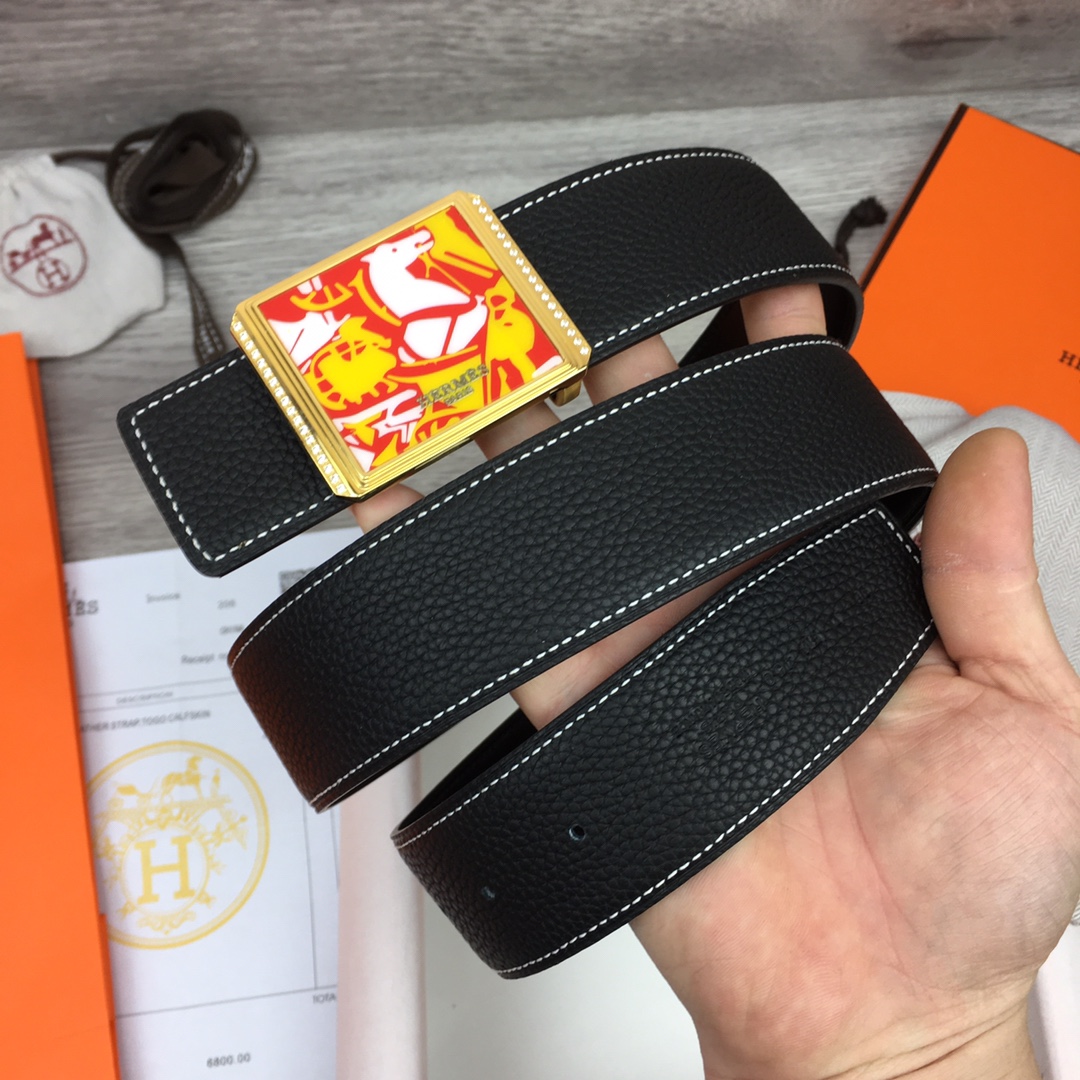 Hermes Black Leather Belt With   Enamel Buckle - FashionPlug