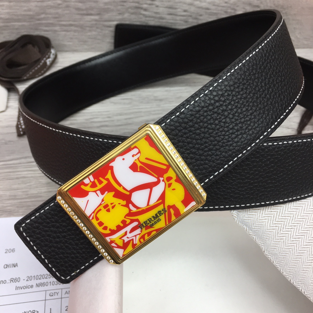 Hermes Black Leather Belt With   Enamel Buckle - FashionPlug