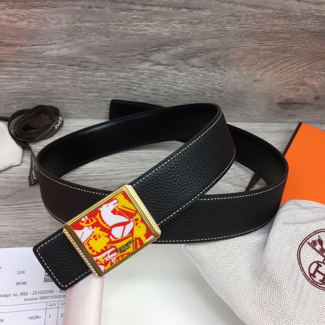 Hermes Black Leather Belt With   Enamel Buckle - FashionPlug