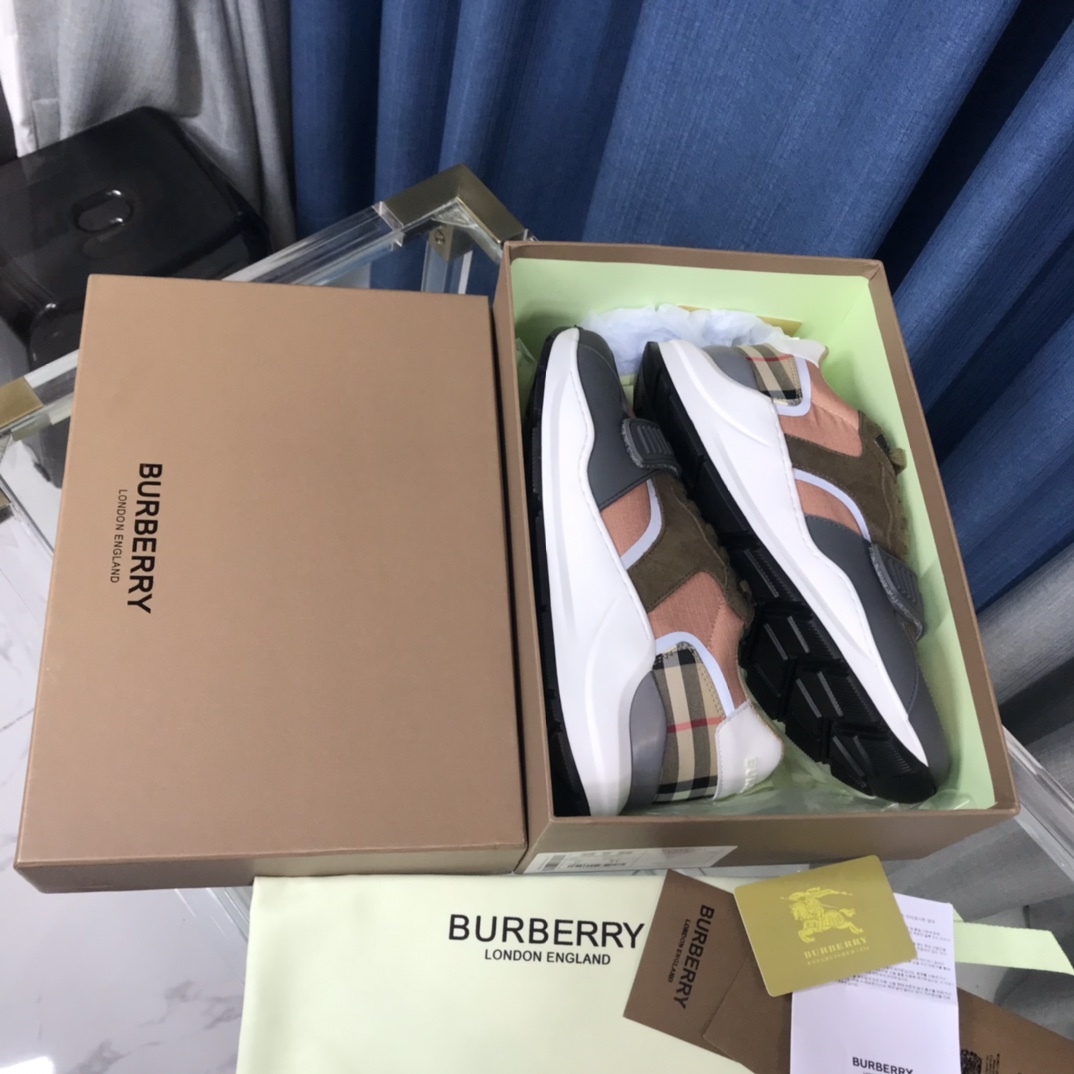 Burberry Check Cotton Canvas And Leather Sneakers - FashionPlug