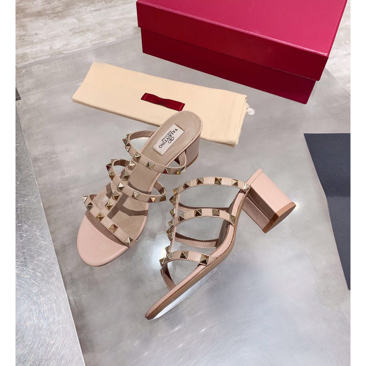 Saint Laurent Rockstud Caged 60mm Slide Sandals - FashionPlug
