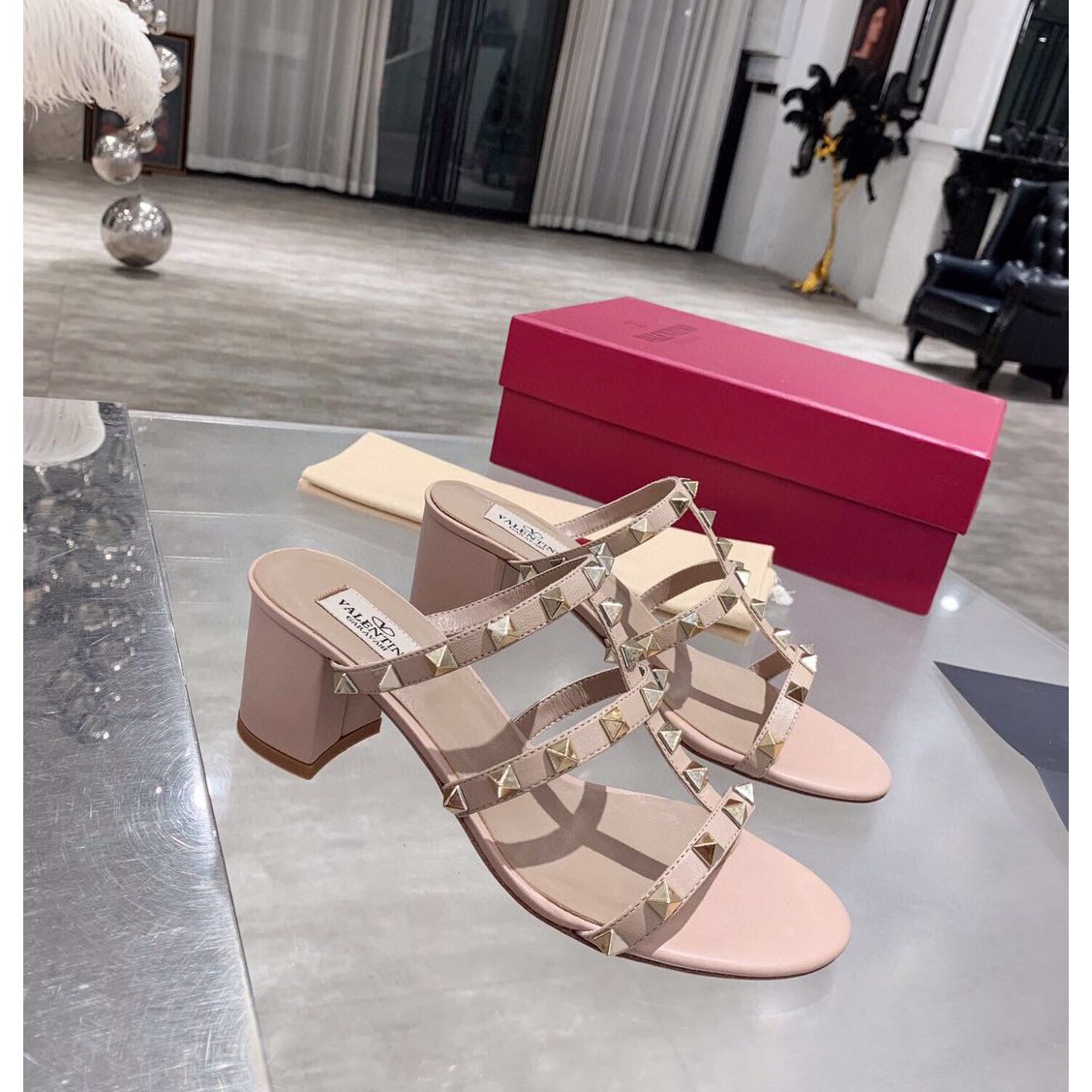 Saint Laurent Rockstud Caged 60mm Slide Sandals - FashionPlug