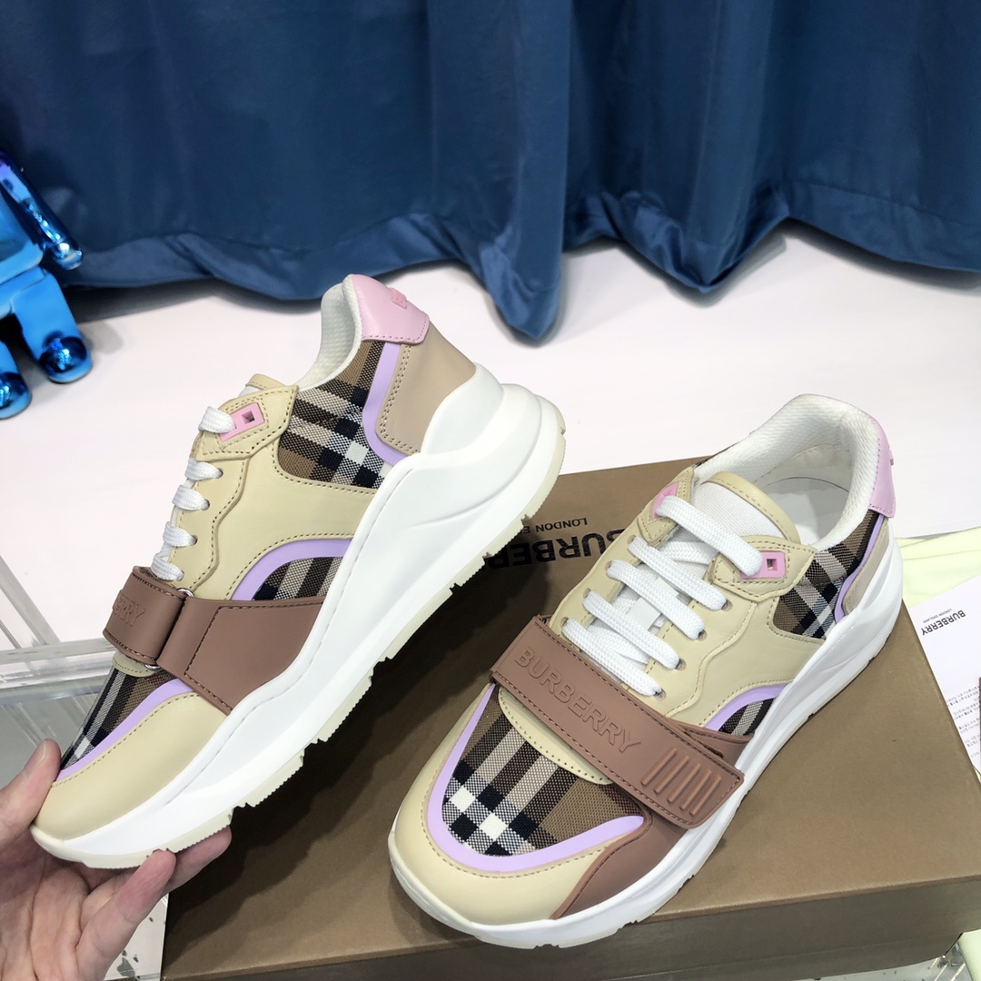 Burberry Check Cotton Canvas And Leather Sneakers - FashionPlug