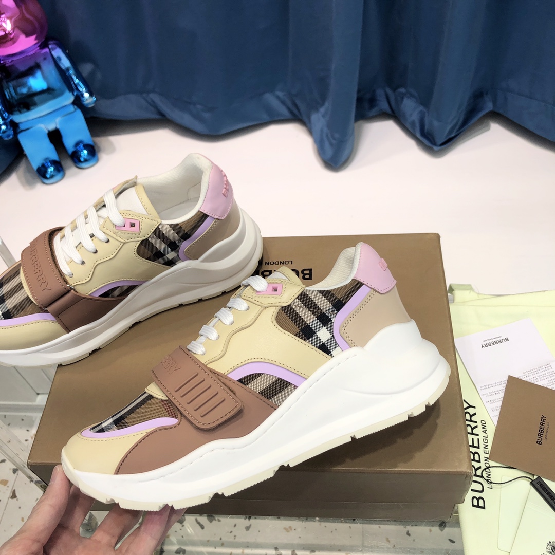 Burberry Check Cotton Canvas And Leather Sneakers - FashionPlug