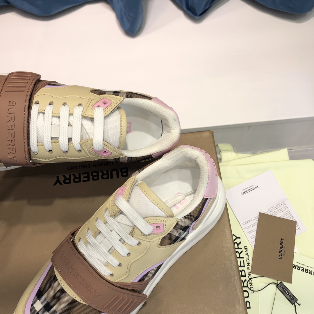 Burberry Check Cotton Canvas And Leather Sneakers - FashionPlug