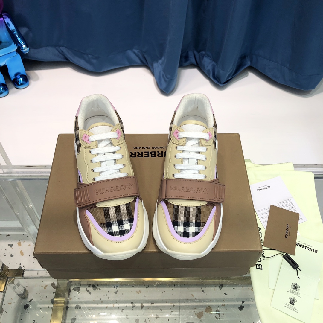 Burberry Check Cotton Canvas And Leather Sneakers - FashionPlug