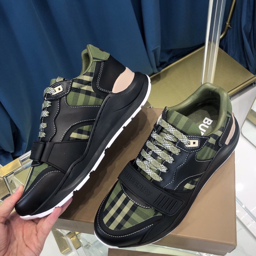 Burberry Check Cotton Canvas And Leather Sneakers - FashionPlug