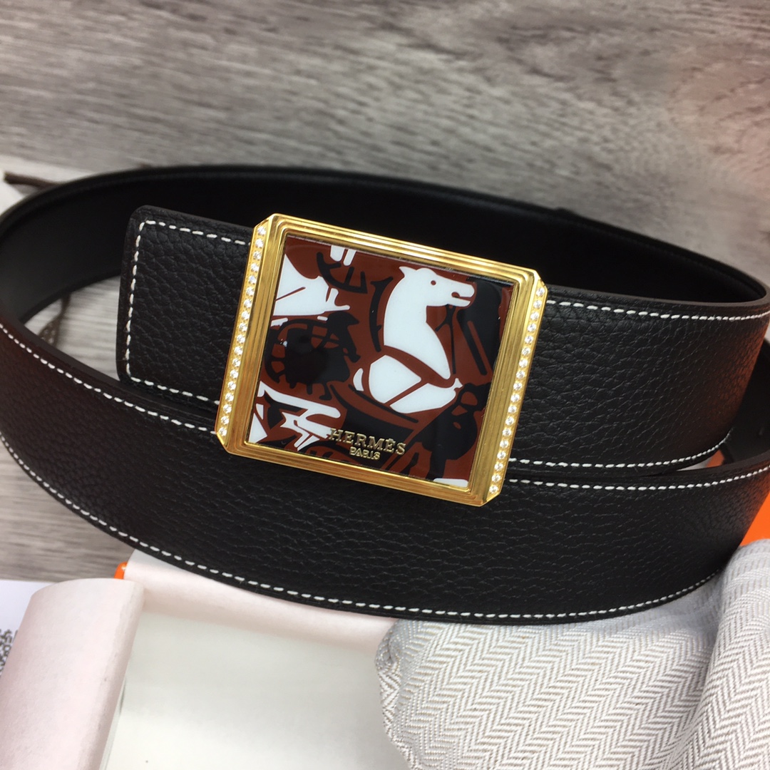 Hermes Black Leather Belt With   Enamel Buckle - FashionPlug