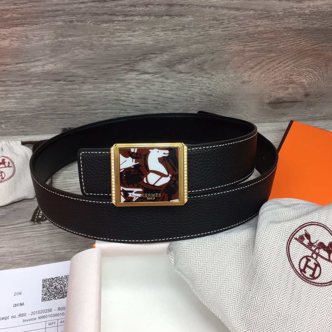Hermes Black Leather Belt With   Enamel Buckle - FashionPlug