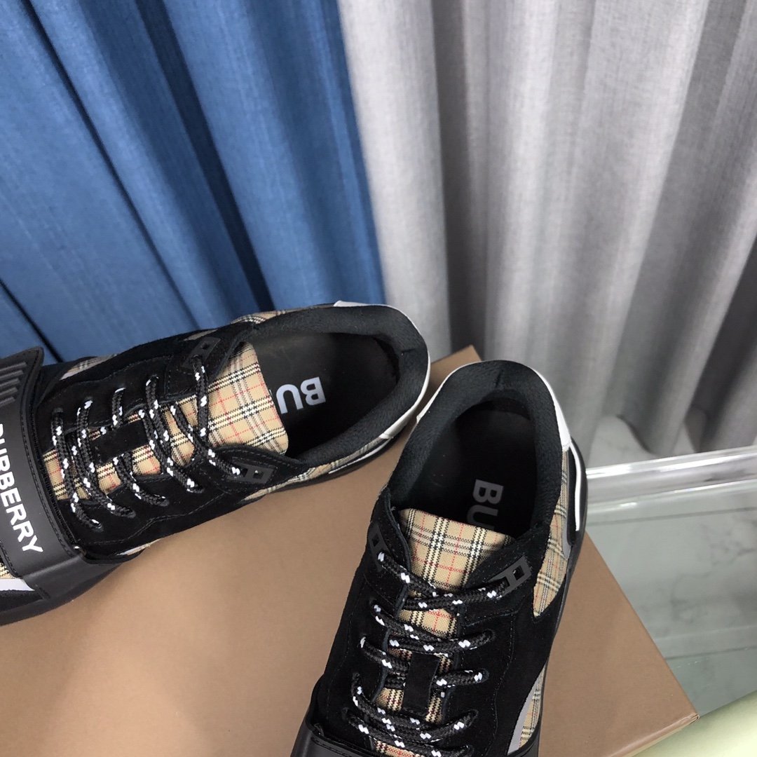 Burberry Check Cotton Canvas And Leather Sneakers - FashionPlug