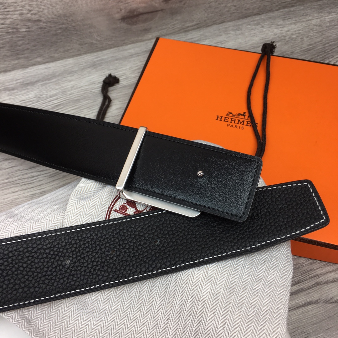 Hermes Black Leather Belt With   Enamel Buckle - FashionPlug