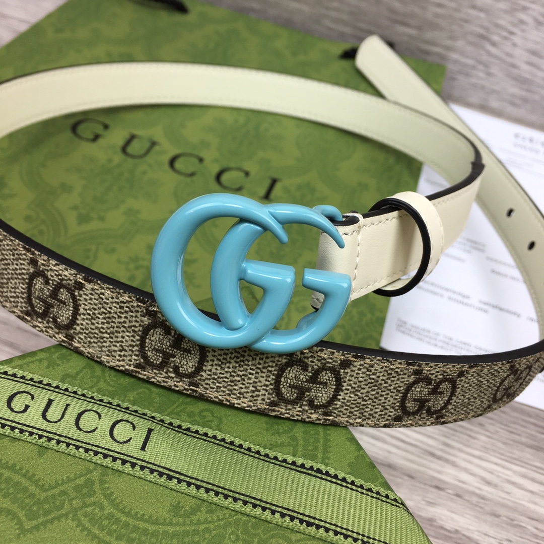 Gucci  Leather Belt With Double G Buckle  (2cm) - FashionPlug
