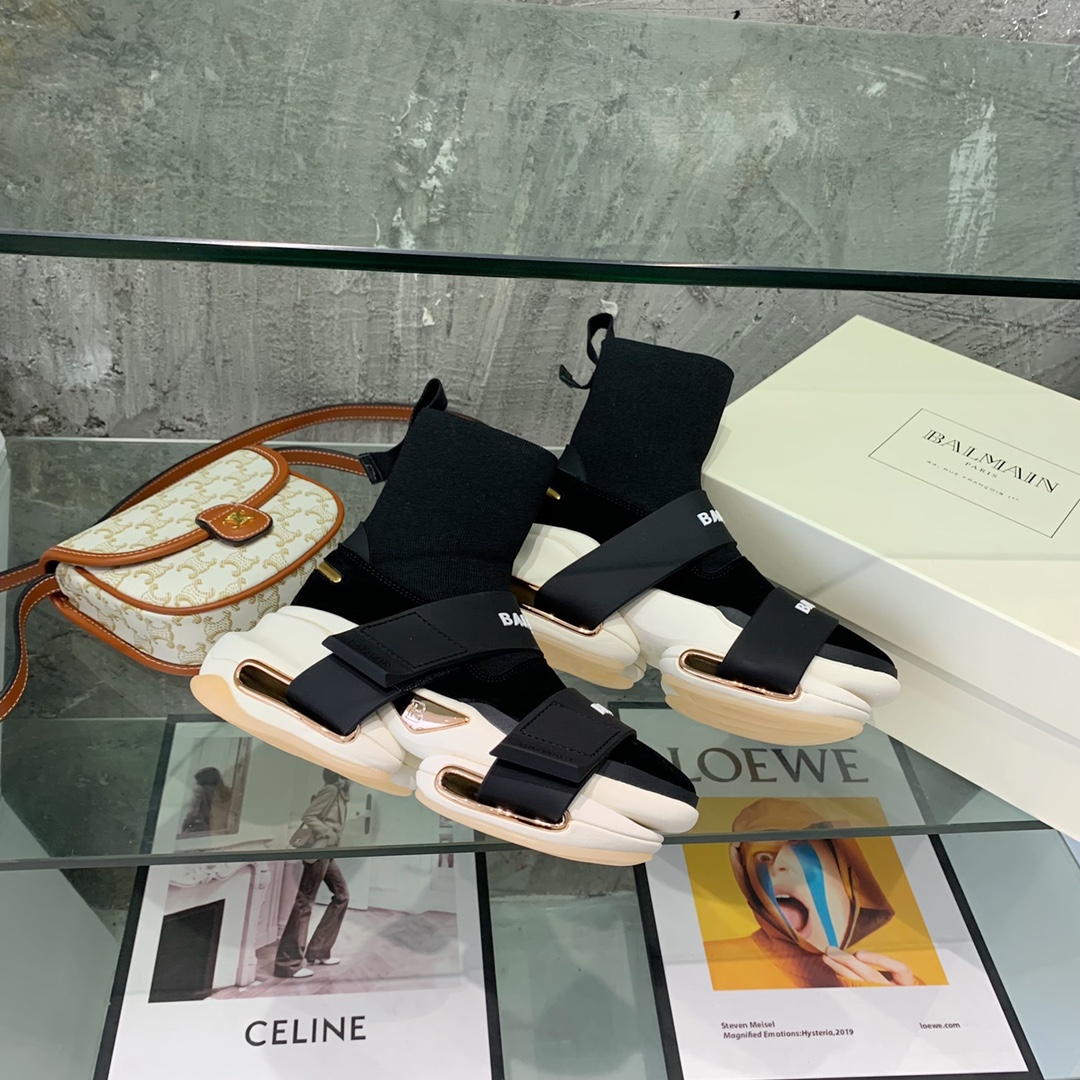 Balmain High-Top Suede And Knit Bold Sneakers  - FashionPlug