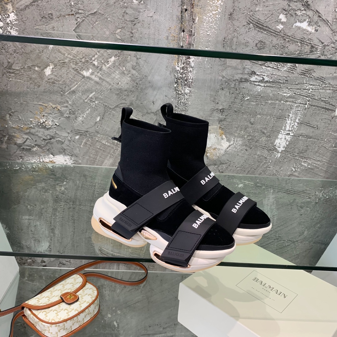 Balmain High-Top Suede And Knit Bold Sneakers  - FashionPlug