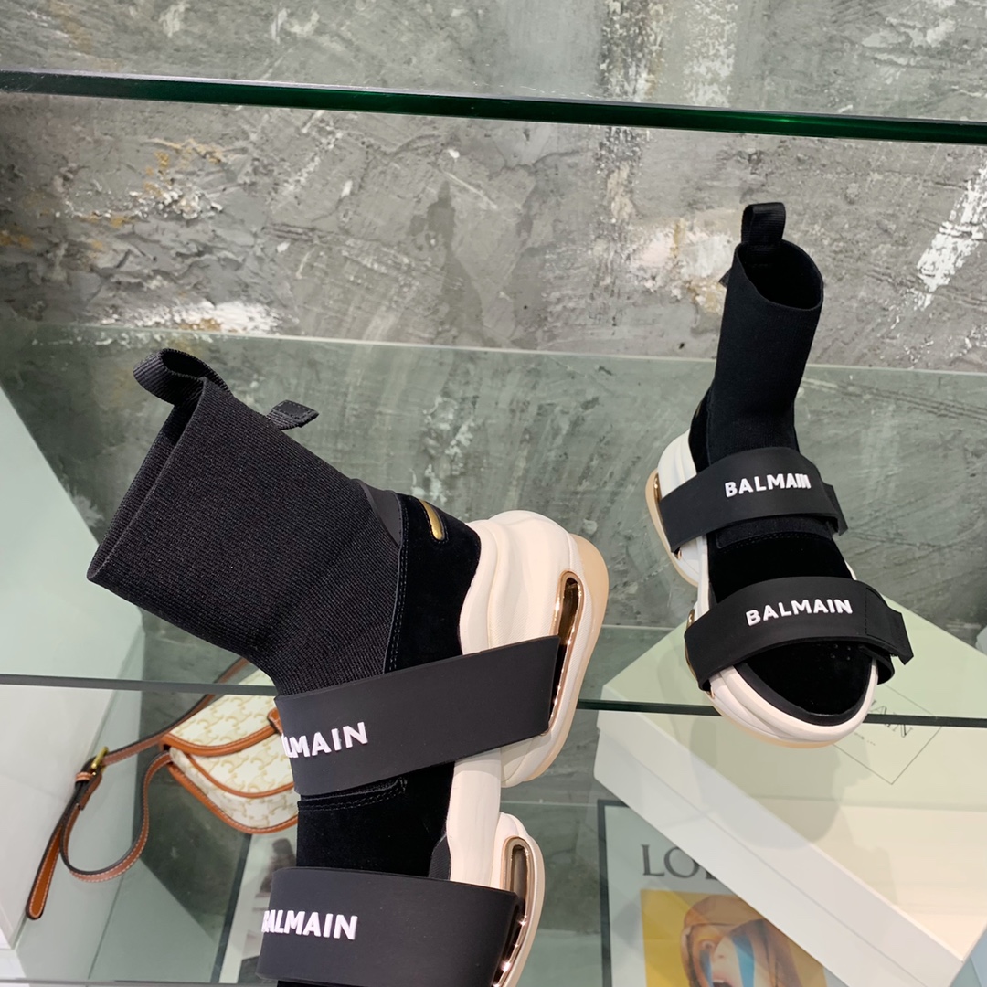 Balmain High-Top Suede And Knit Bold Sneakers  - FashionPlug