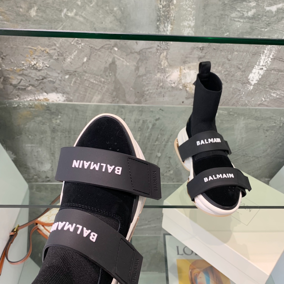 Balmain High-Top Suede And Knit Bold Sneakers  - FashionPlug