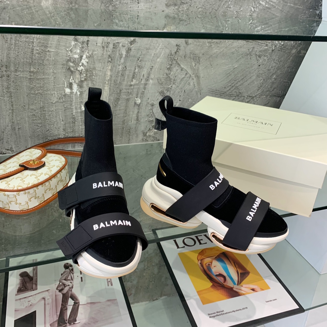 Balmain High-Top Suede And Knit Bold Sneakers  - FashionPlug